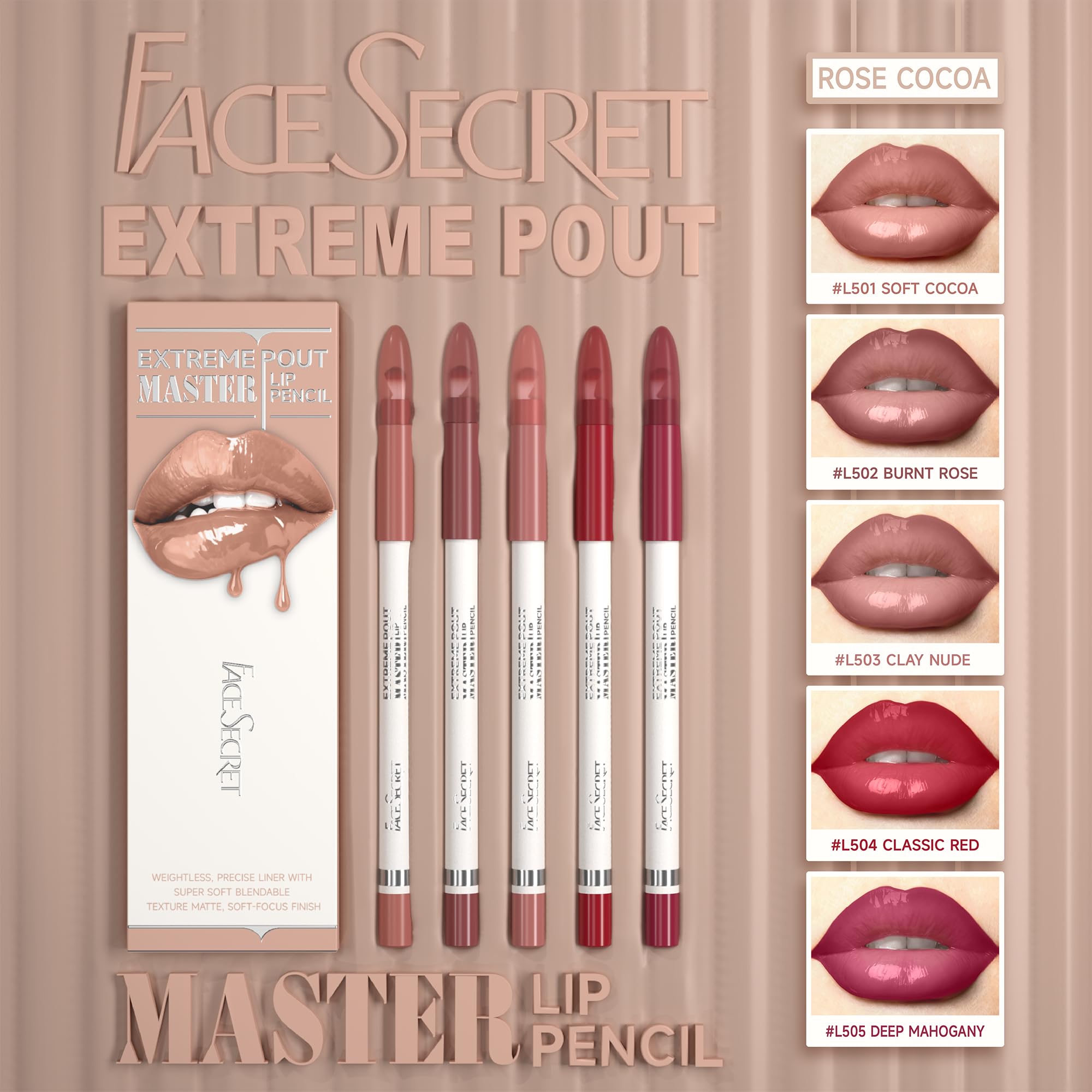 5PCS Extreme Master Lip Pencil Set, Matte Nude Lip Contour Lip Liner with Built-In Blending Brush, Smooth Long-Wear for Defined Lips (#01 ROSE COCOA)