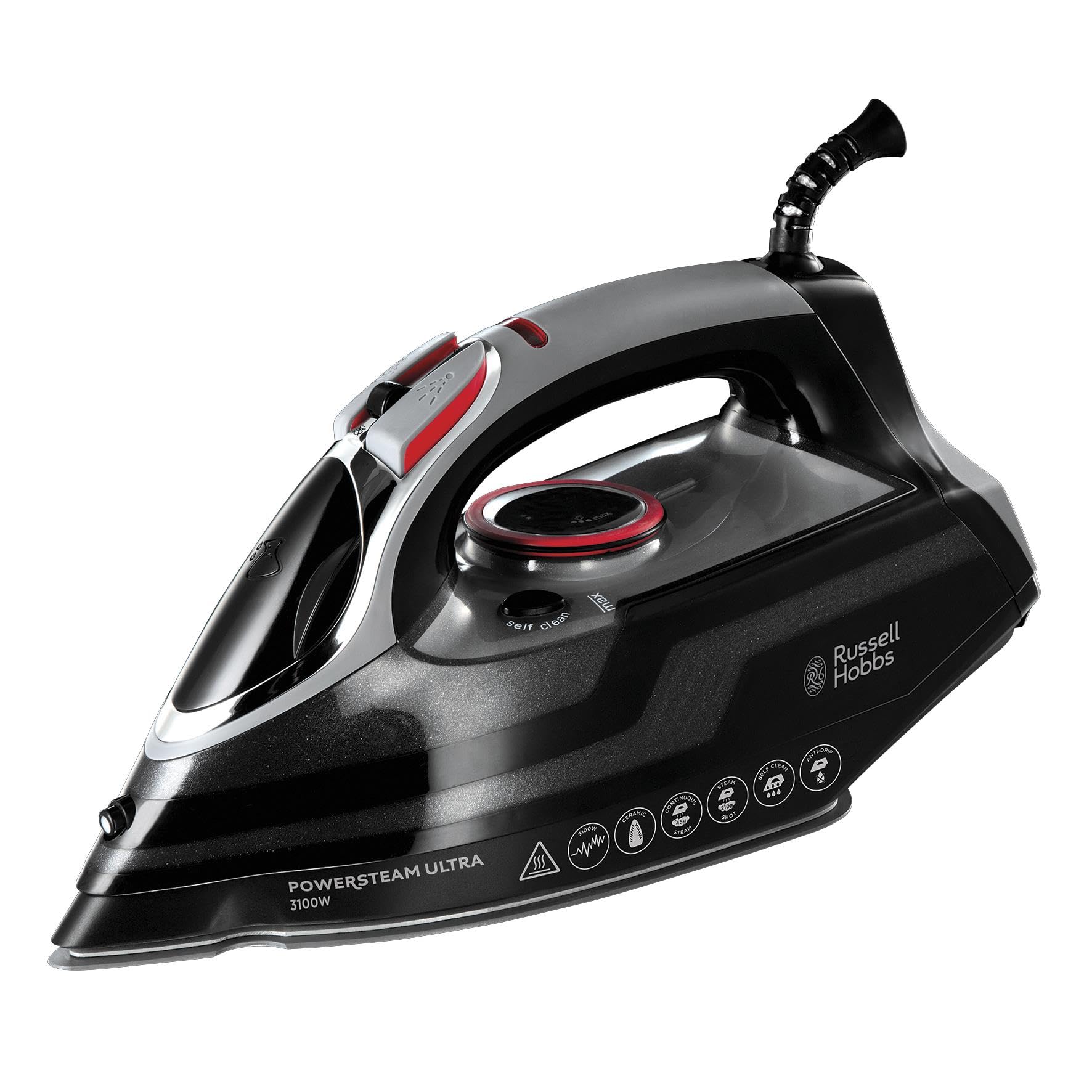 Russell Hobbs Steam Iron [3100W, 210 g/min extra steam boost, 70 g/min steam] Power Steam (350ml, ceramic soleplate, self-cleaning & spray water function, anti-limescale, drip stop) 20630